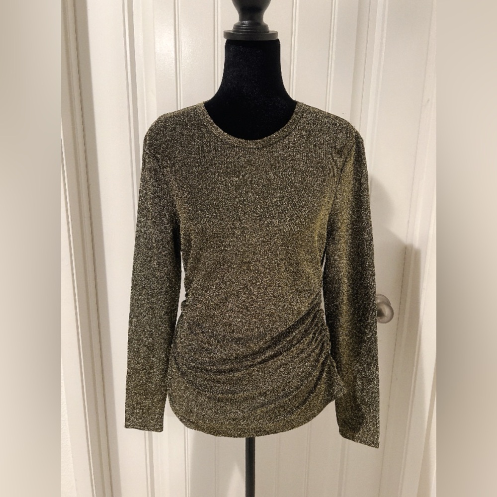 NINE WEST Elegant Metallic Black Gold Shirred Long Sleeve Ruched Blouse Size S